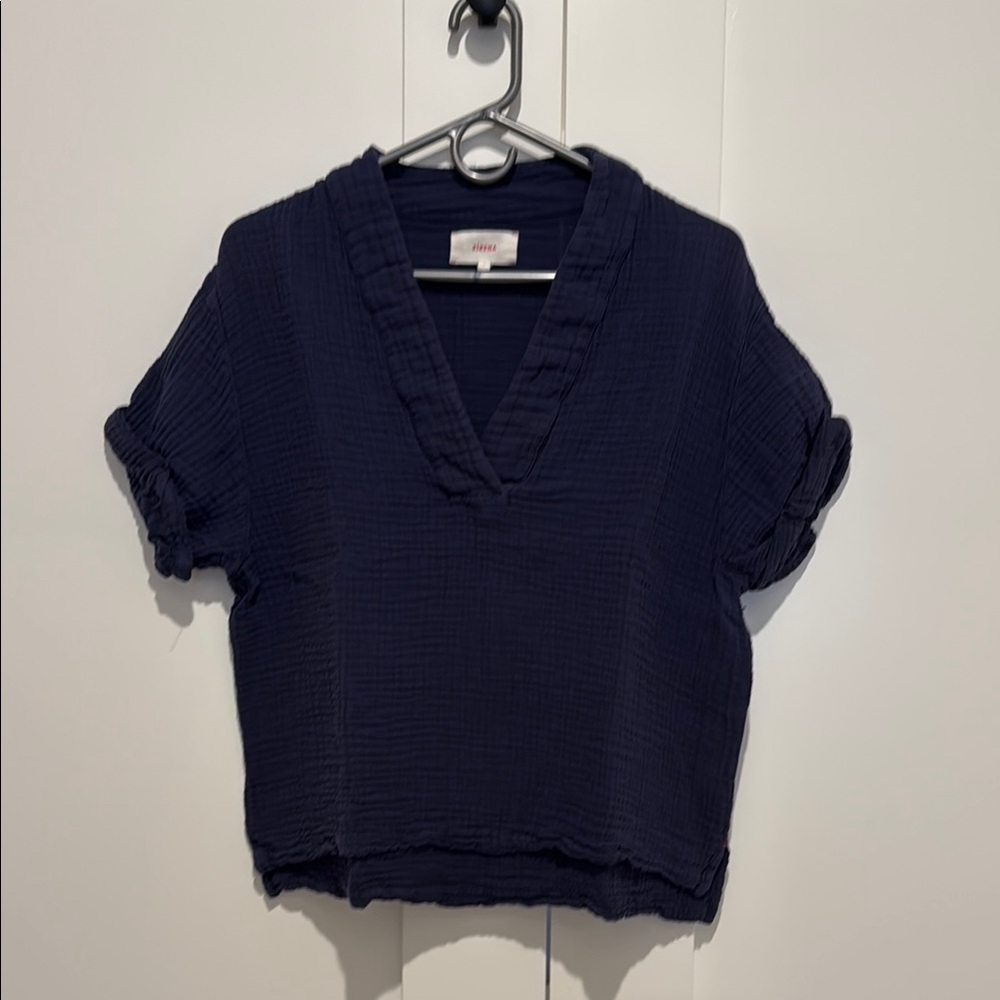 Xirena - Cotton Gauze Navy V-Neck Women's Top